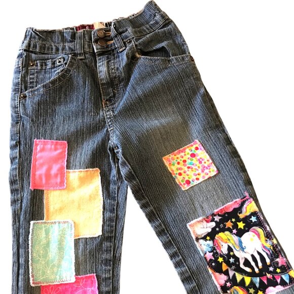 Child’s Upcycled Patch Jeans, Size 6X: Elastic Waist, Handmade Unicorn Patchwork - Picture 2 of 15